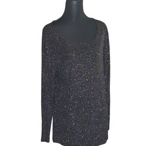 Vintage Black Shimmer Glitter Scoop Neck Long Sleeve Top Blouse Party